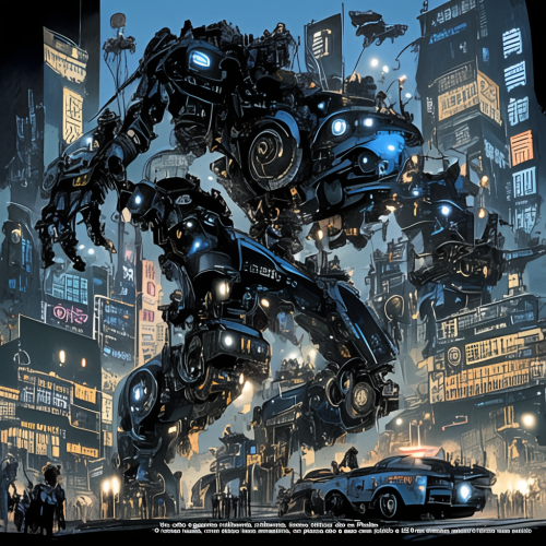 Robô gigante em pose heroica com escudo holográfico.