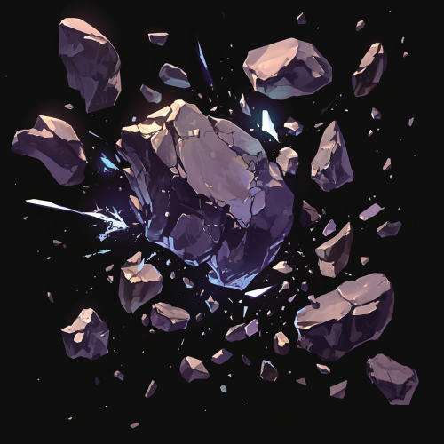 Rock fragments spread in arcs on black background