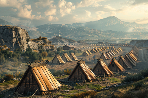 Roman camp on hill between mountains, legionaries in tents. Roman camp on hill between mountains, legionaries in tents.