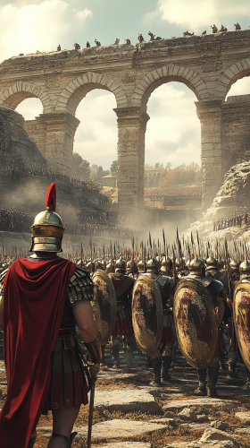 Roman leader with soldiers and architecture in background. Roman leader with soldiers and architecture in background.