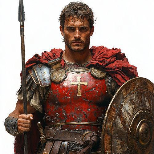 Roman soldier in red armor with spear and shield.