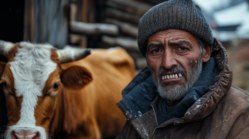 Romanian man with few teeth near cow in village