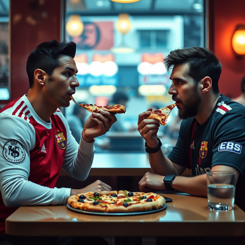 Ronaldo and Messi Enjoying Pizza in Surreal Restaurant
