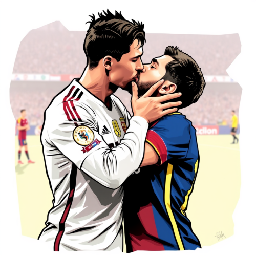 Ronaldo kissing Messi after soccer game in Spain.
