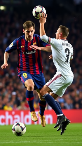 Ronaldo outplays Messi in soccer game.