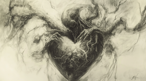 Rough sketch of figure with abstract heart opening.