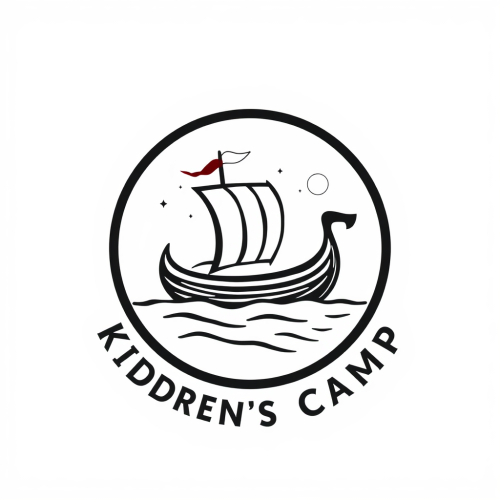 Round logo of Viking longboat for children's camp.