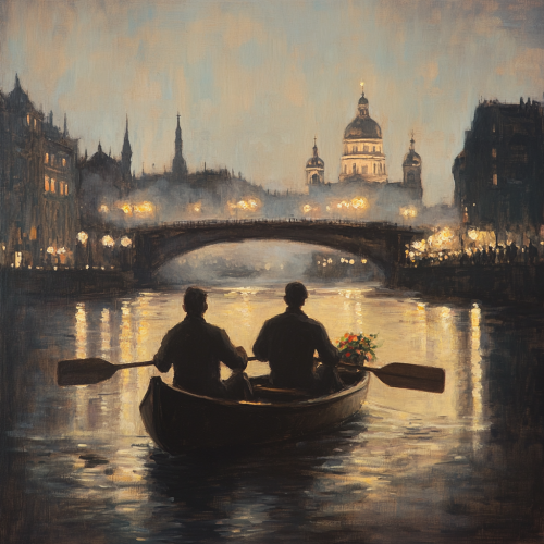 Rowing men under Riga bridge in oil painting