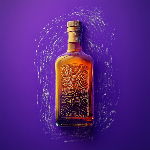 Rum bottle with fingerprints on purple background