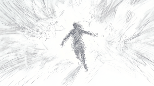 Running Figure Towards Radiant Angels, Uplifting and Joyful Running Figure Towards Radiant Angels, Uplifting and Joyful