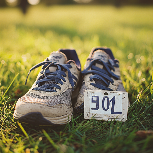 Running Shoes and Runner's Tag on Grass