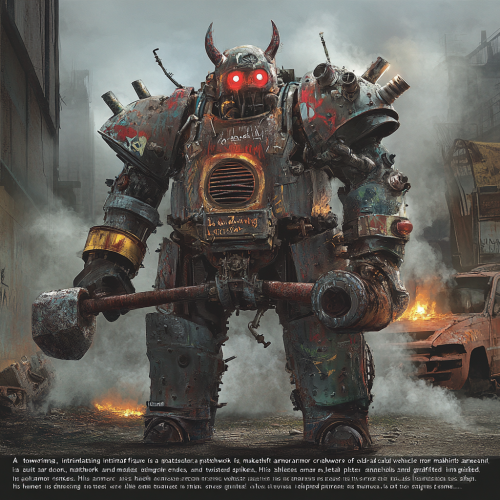 Rust-covered warrior in car part armor wields sledgehammer.