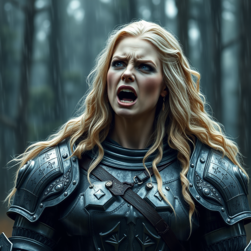 Sad Medieval Female Knight in the Rain