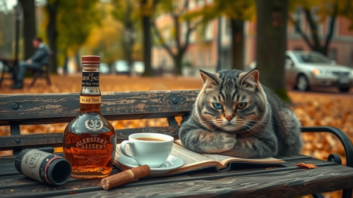 Sad cat sits in park with coffee, whiskey, cigar.