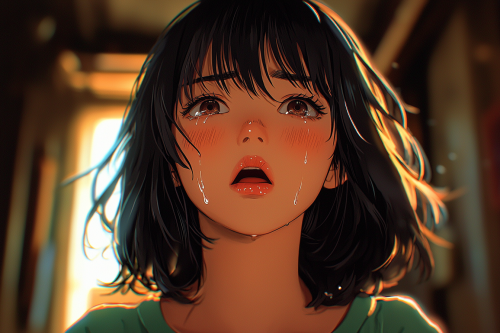 Sad girl crying in dorm room in anime.