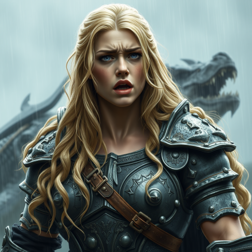 Sad strong female knight in armor with dragon.