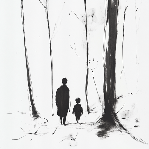Sage and Child Walking Through Forest