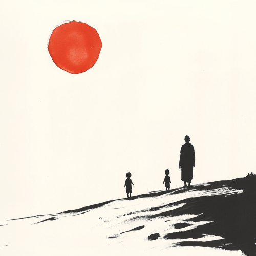 Sage and Child Walking into Setting Sun