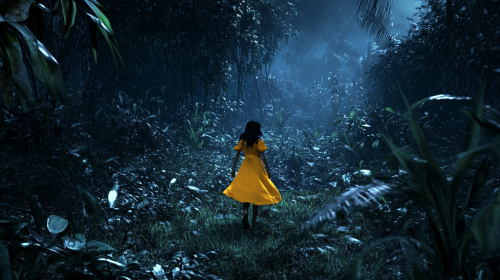 Sally in yellow dress plays hide-and-seek in jungle.