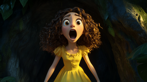 Sally in yellow dress shouts into echoing cave.