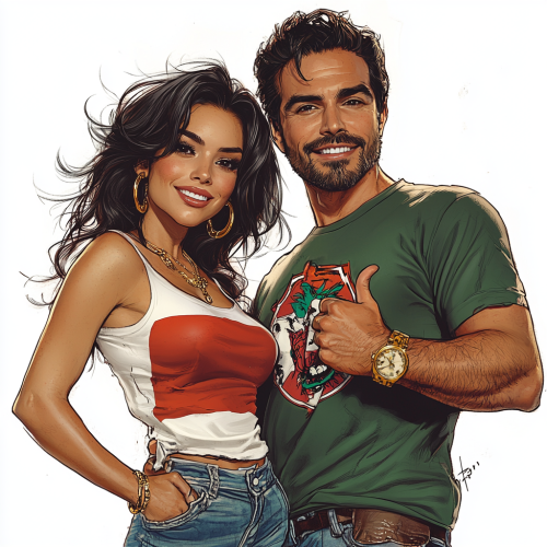 Salma Hayek and Latino male smiling in portrait.