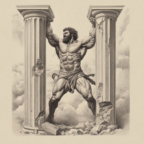 Samson destroying pillars in classic tattoo style