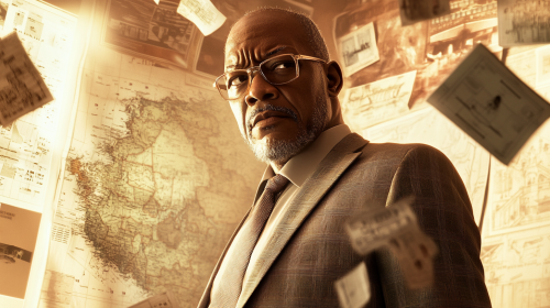Samuel L Jackson in stylish suit with flying posters