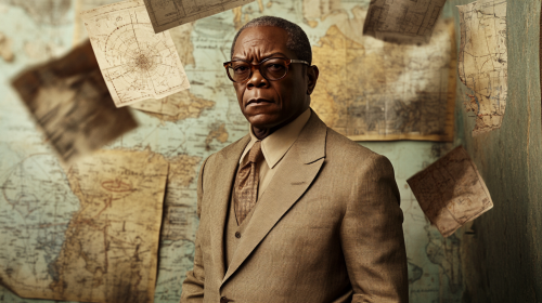 Samuel L Jackson in stylish tan suit with maps