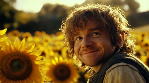 Samwise Gamgee standing in sunflower field, smiling warmly.