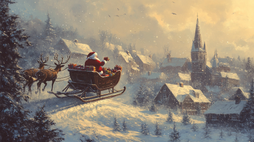 Santa's Classic Christmas Sleigh Ride Over Snowy Town