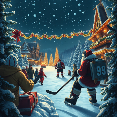 Santa's sleigh with hockey equipment for delivery.