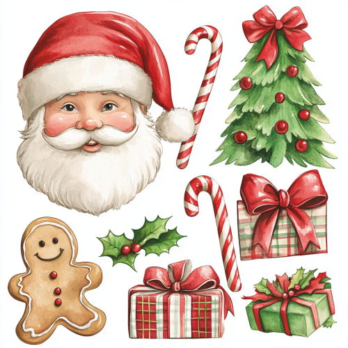 Santa, Gingerbread Man, Gifts and Holly Clipart