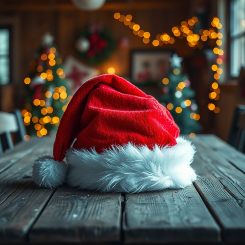 Santa Cap on Old Table with Blurry Christmas Scene