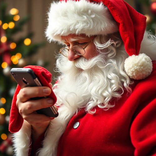 Santa Claus Cleaning His Mobile Phone Display