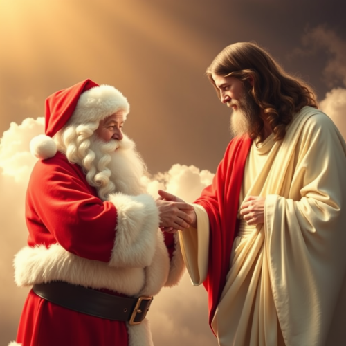 Santa Claus Peacefully Meeting with Jesus Christ