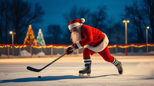 Santa Claus Plays Hockey on Evening Skating Rink