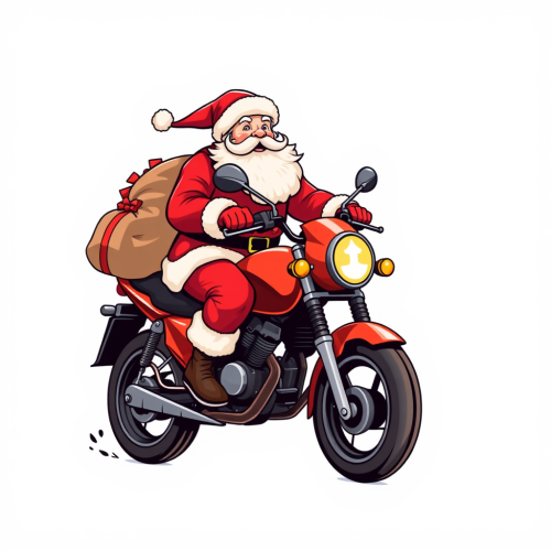 Santa Claus Riding Red Motorbike with Gifts