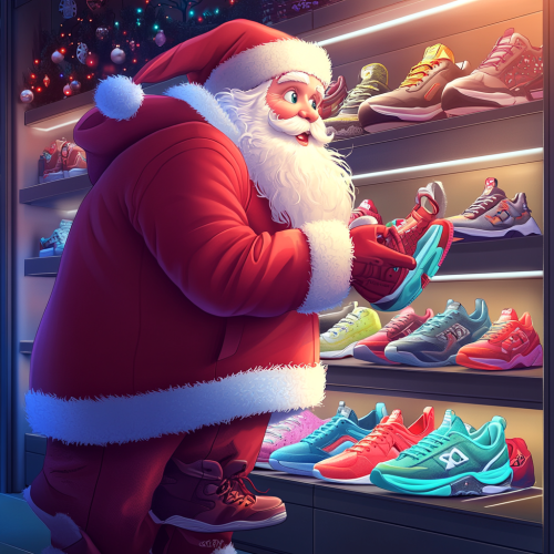 Santa Claus Shopping for Sneakers in Modern Showroom Santa Claus Shopping for Sneakers in Modern Showroom