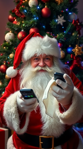 Santa Claus cleans dirty phone under tree