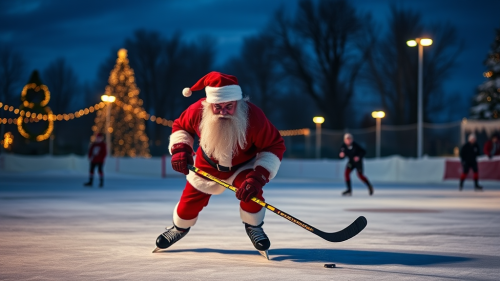 Santa Claus playing hockey on skating rink at dusk