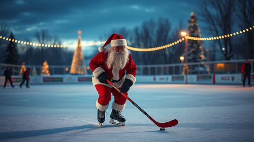 Santa Claus plays hockey on a skating rink.