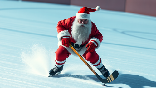 Santa Claus plays hockey on ice rink.