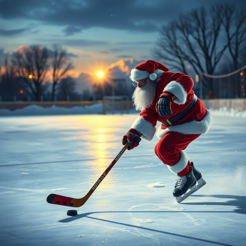 Santa Claus plays hockey on skating rink at night.