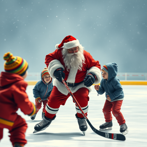 Santa Claus plays hockey with kids on ice.