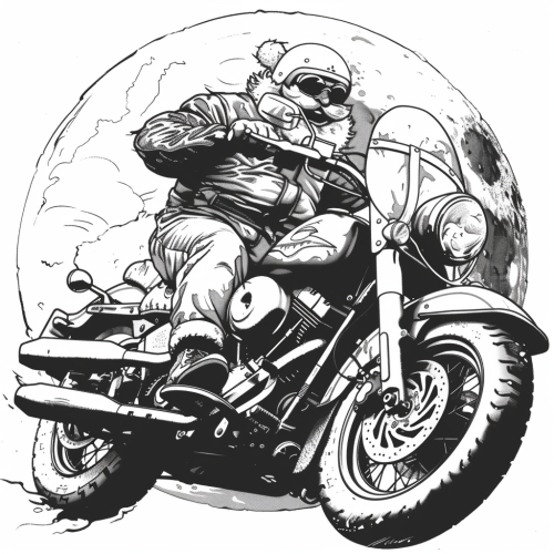 Santa Claus rides motorcycle under full moon
