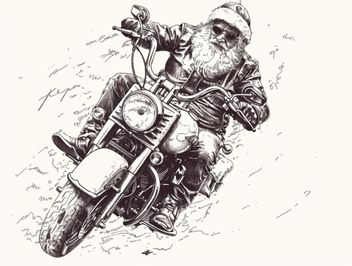 Santa Claus riding motorcycle in black and white.