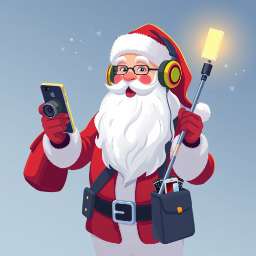 Santa Claus with accessories ready for Christmas selfie.