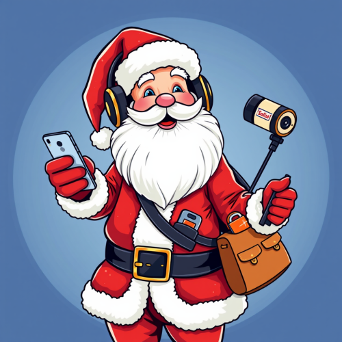 Santa Claus with gadgets for Christmas selfies.