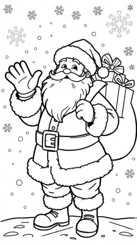 Santa Claus with presents in snowy scene coloring page.