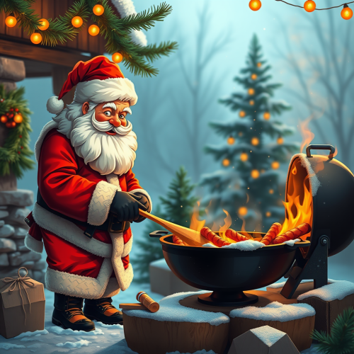 Santa Cooking BBQ on a Sunny Day